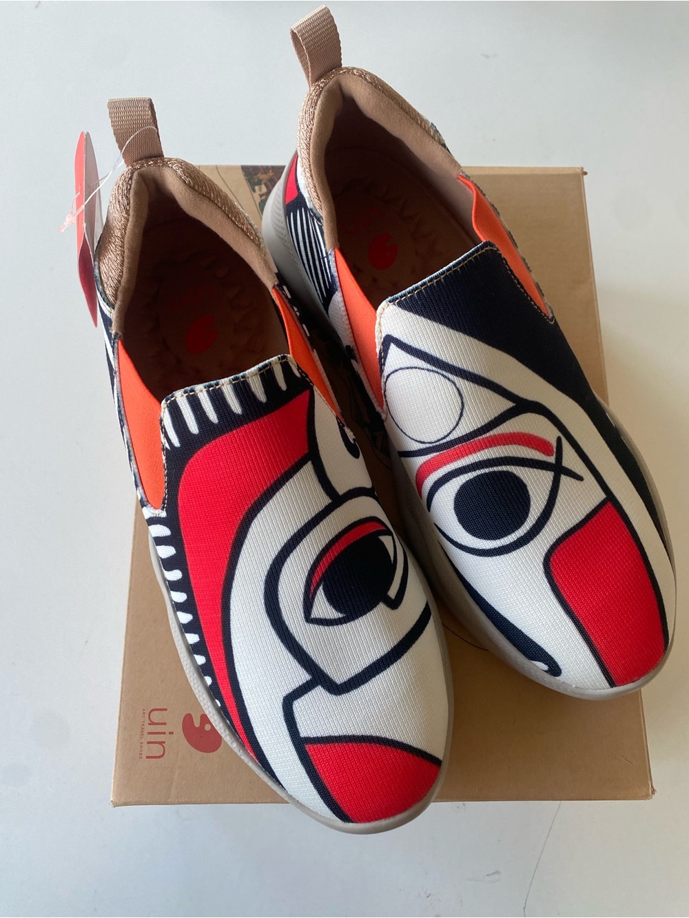 UIN Slip-On Sneakers in Red, Black, White with Orange Accents